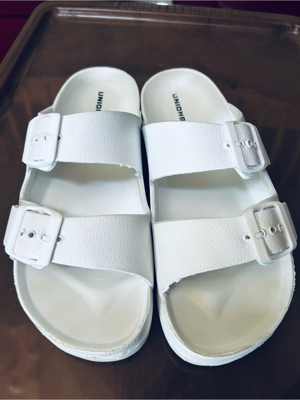 UNIONBAY Kids White Double-Strap Buckle Slide Sandals